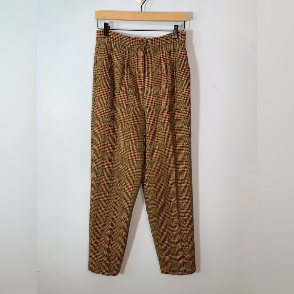 Joan Leslie vintage wool houndstooth tweed Glen plaid pleated trousers 8 tan red